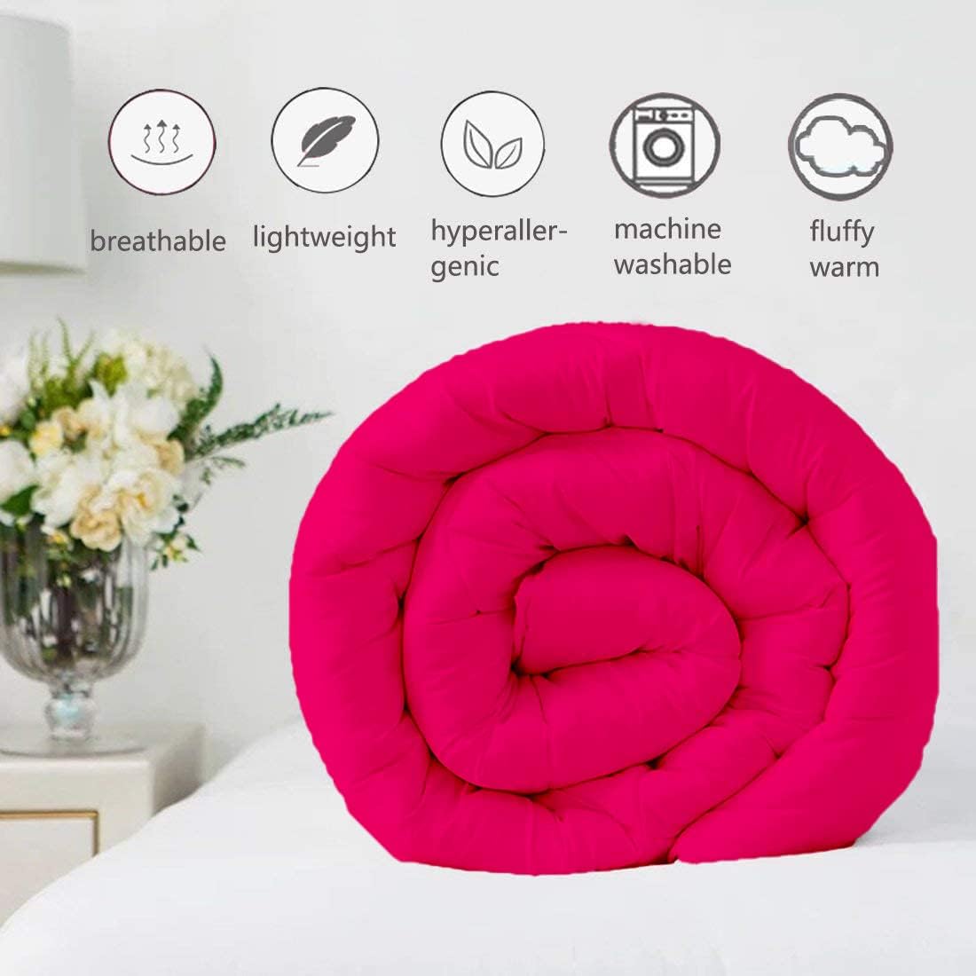 Hot Pink Down Alternative Pinch Pleated Comforter- Oversized Queen Size 98 x 98 Inches 1 Piece All-Season Duvet Insert, 500 GSM with Corner Tabs 100% Egyptian Cotton- (Hot Pink Solid)