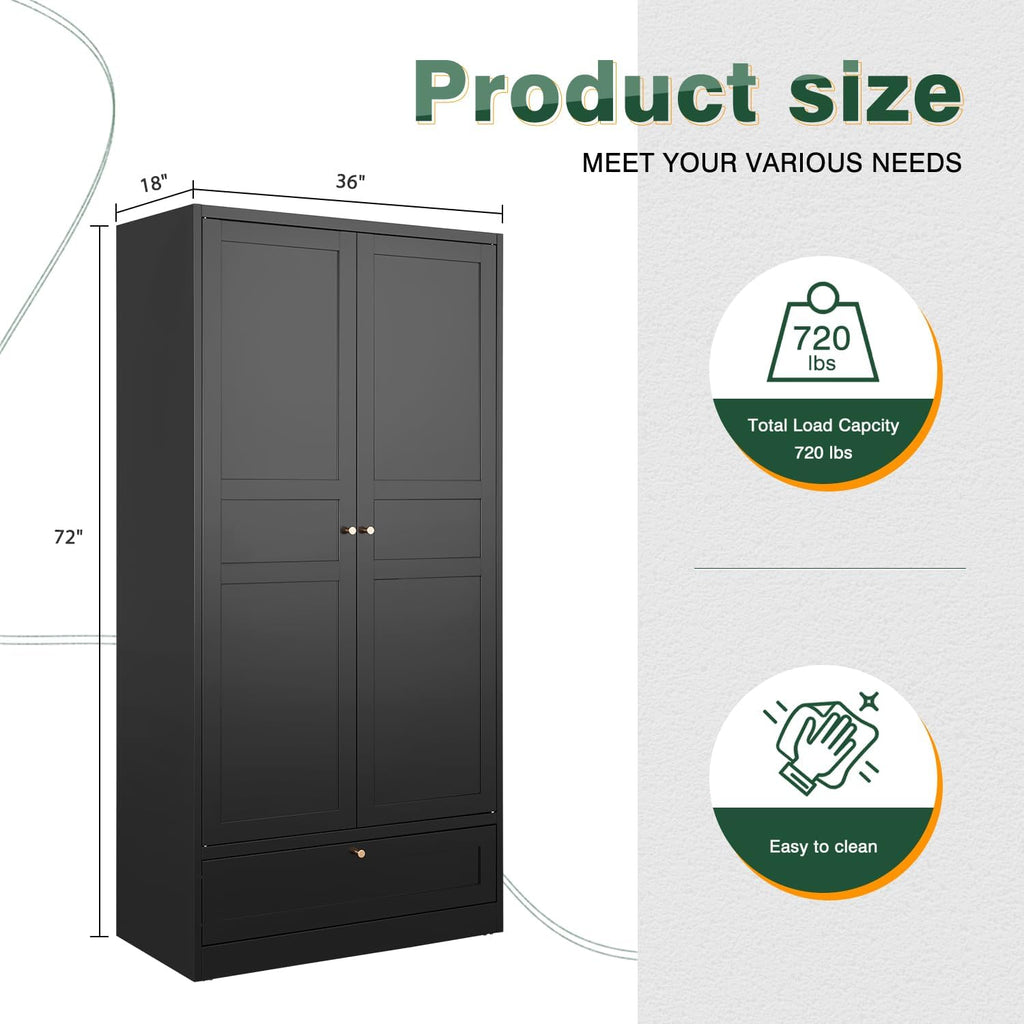Letaya Wardrobe Closet,72' H Clothing Metal Storage Cabinet with Storage Drawer Adjustable Shelves and Hanging Rod,Bedroom Armoire Cabinet Clothes Organizer (Black)