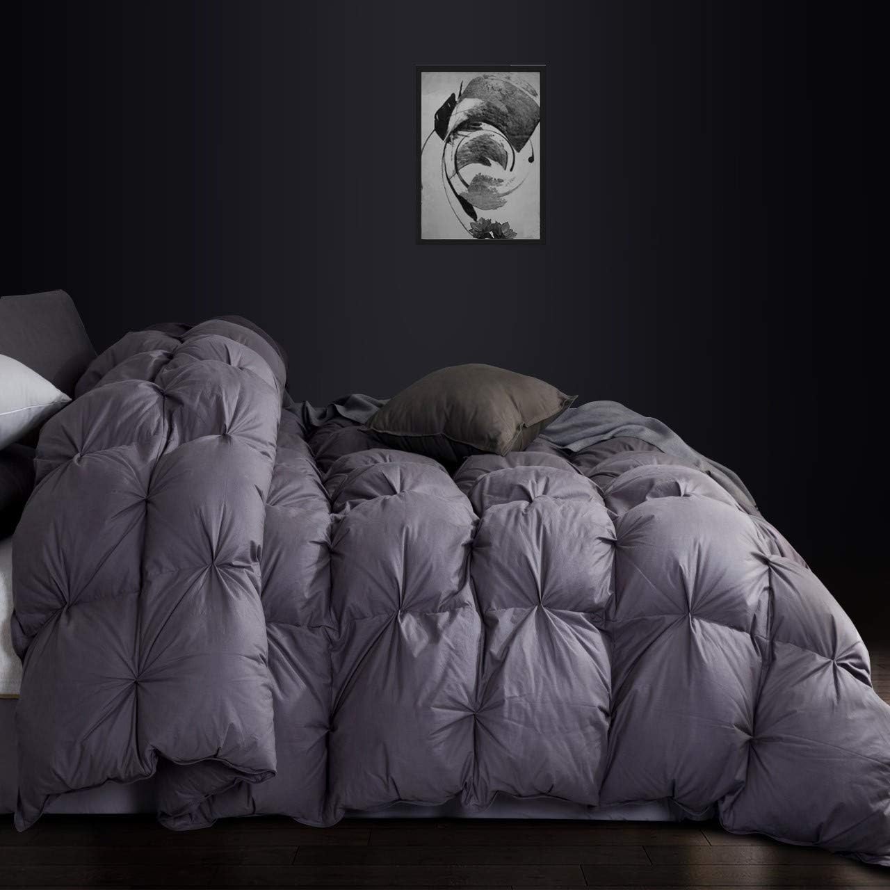 All-Season Luxurious Goose Down Comforter Queen Size Duvet Insert, Premium Pinch Pleat Design, 1200 Thread Count 100% Egyptian Cotton, 750+ Fill Power, 70 oz. Fill Weight (Queen, Gray)