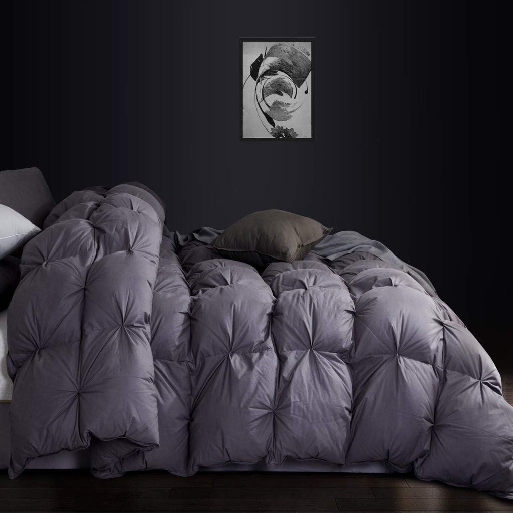 Luxurious Goose Down Comforter Queen Size Duvet Insert, Premium Pinch Pleat Design, 1200 Thread Count 100% Egyptian Cotton, 750+ Fill Power, 60 oz Fill Weight (Queen, Gray)
