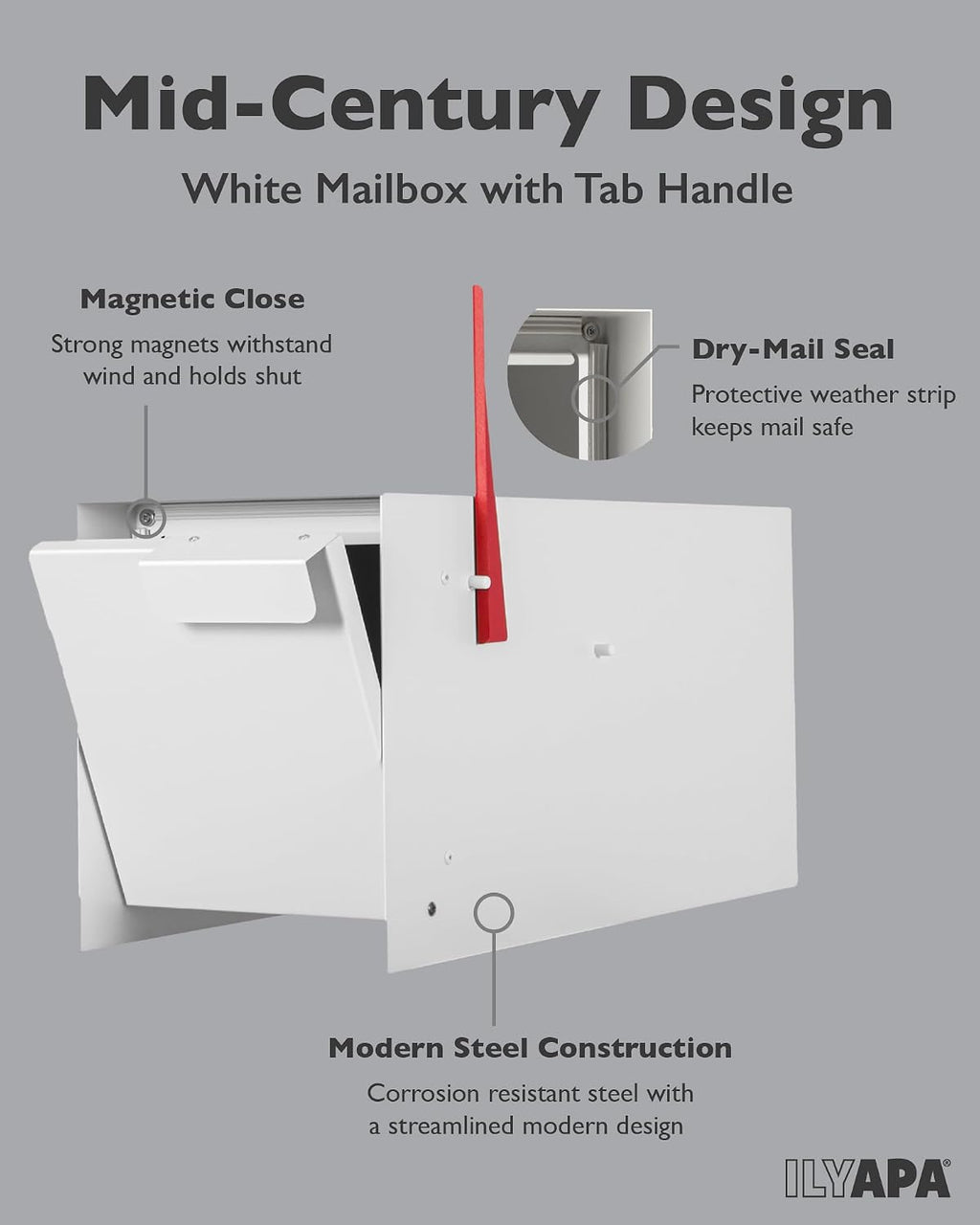 Ilyapa Modern Mailbox Post Mount - 21x8x10 White Metal Mailboxes for Outside, Heavy Duty Steek Mail Box Waterproof Letter Box for Parcels, with Recessed Magnetic Close Door