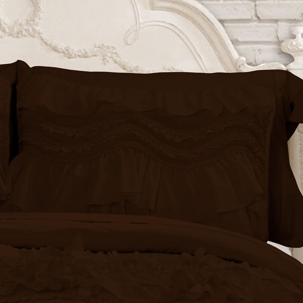 100% Egyptian Cotton, 550 GSM Microfiber Filled Quilt Ruffled Textured 3 Piece Full/Queen Size Comforter Set, Chocolate