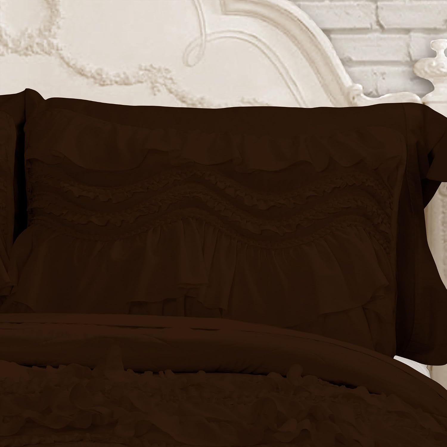 100% Egyptian Cotton, 550 GSM Microfiber Filled Quilt Ruffled Textured 3 Piece Full/Queen Size Comforter Set, Chocolate