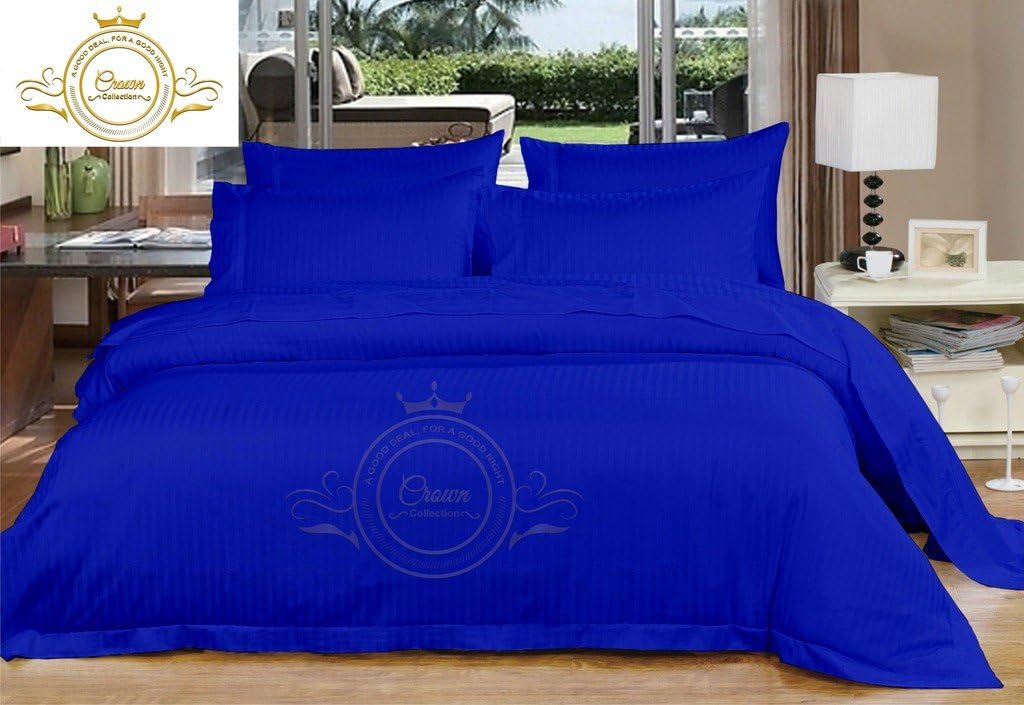 Crown Collection Hotel Beddings 600-Thread-Count 100% Egyptian Cotton 4 Piece Sheet Set Fit Upto 12' Deep Pocket Queen Size All Around Elastic Fit Damask Striped, Egyptian Blue