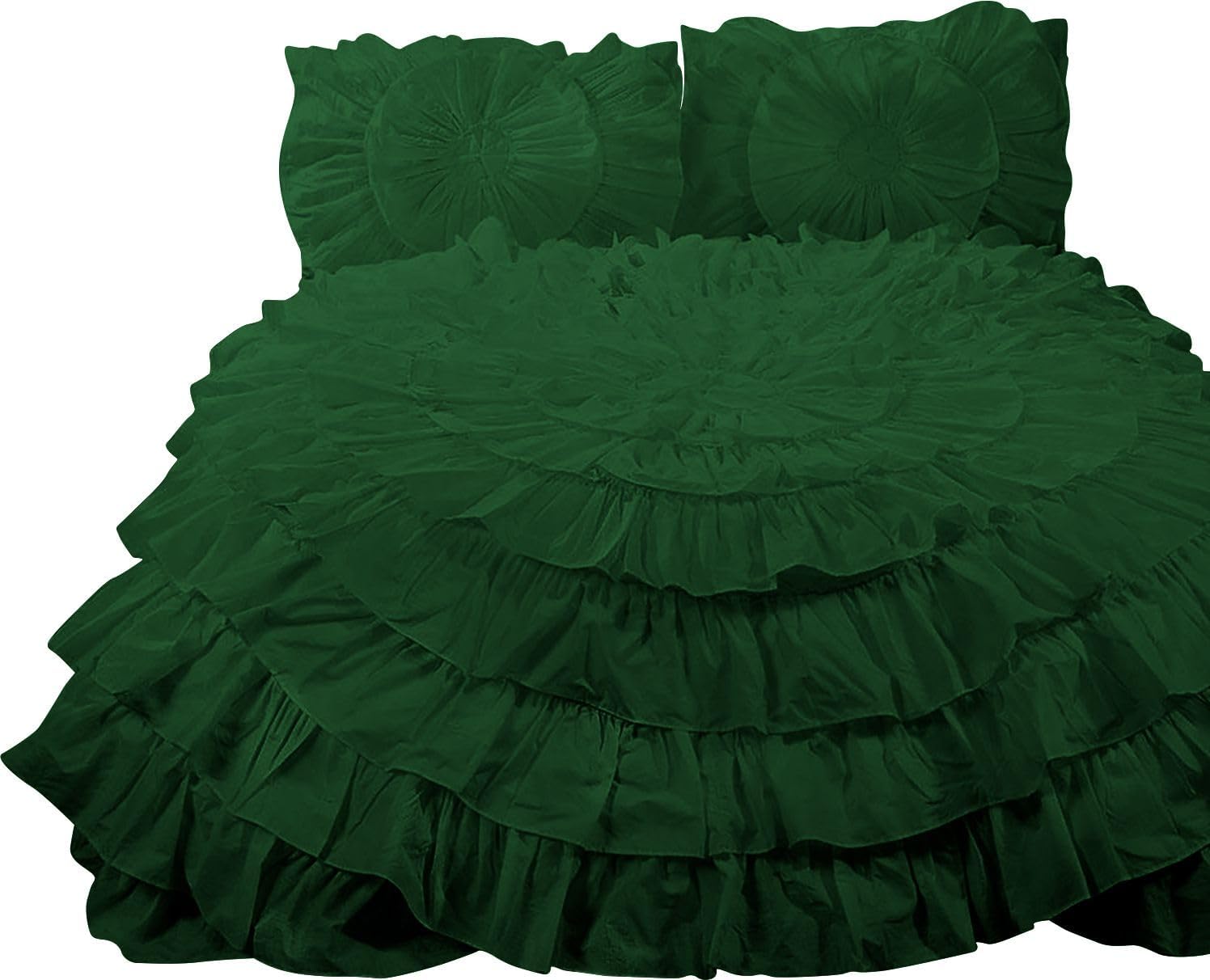 3 Piece 100% Egyptian Cotton Circle Ruffle Comforter Set, 550 GSM Filled Microfiber - Full/Queen Size, Green Color - 1000 Thread Count
