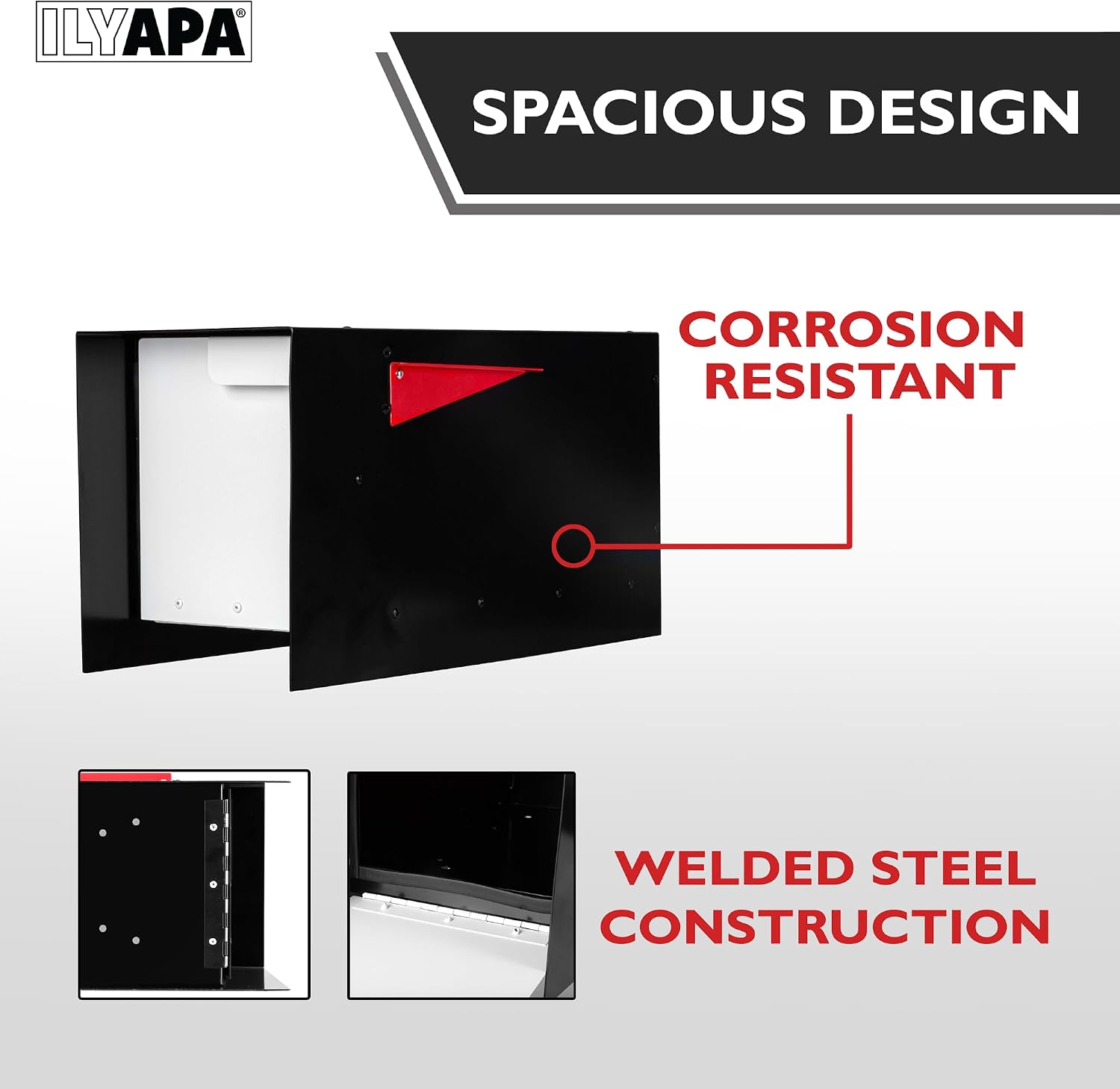 Ilyapa Modern Design Mailbox, Black & White Powder Coated, Tab Pull Handle, Durable and Corrosion Resistant, Stainless Steel Hinges & Magnetic Door