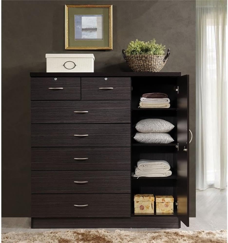 BOWERY HILL 7 Drawer Chest, Chocolate Wood Finish, 48.6 in H, Lockable Top Drawers and Door, Adjustable Shelves, Hanging Rod, Durable Storage for Clothes and Bedroom Organization