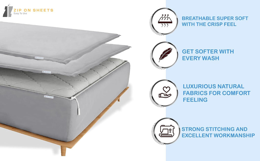 Zip On Sheets™ Zipper Fitted Sheet Full XL Size - Upto 16' Inch Deep Pockets - Includes 1 Fitted Sheet Base & 2 Zip-On Sheets - Easy to Use, Sateen Cotton 500 TC Fitted Sheet - Blush
