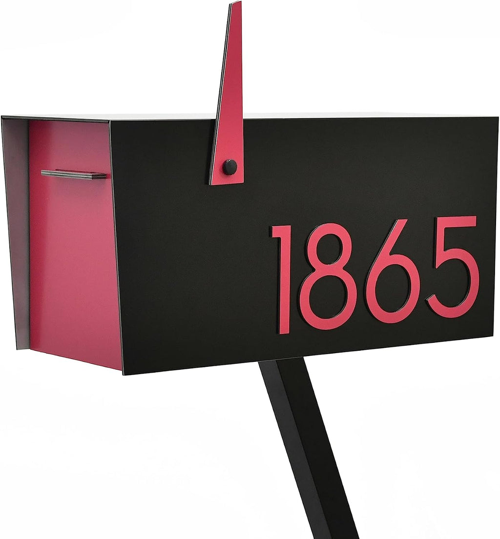 Contemporary Post-Mount Mailbox - Aluminum Black Body with Aluminum Door, Numbers and Flag - Large Customized Mailbox - Type 4 (Dark Pink)
