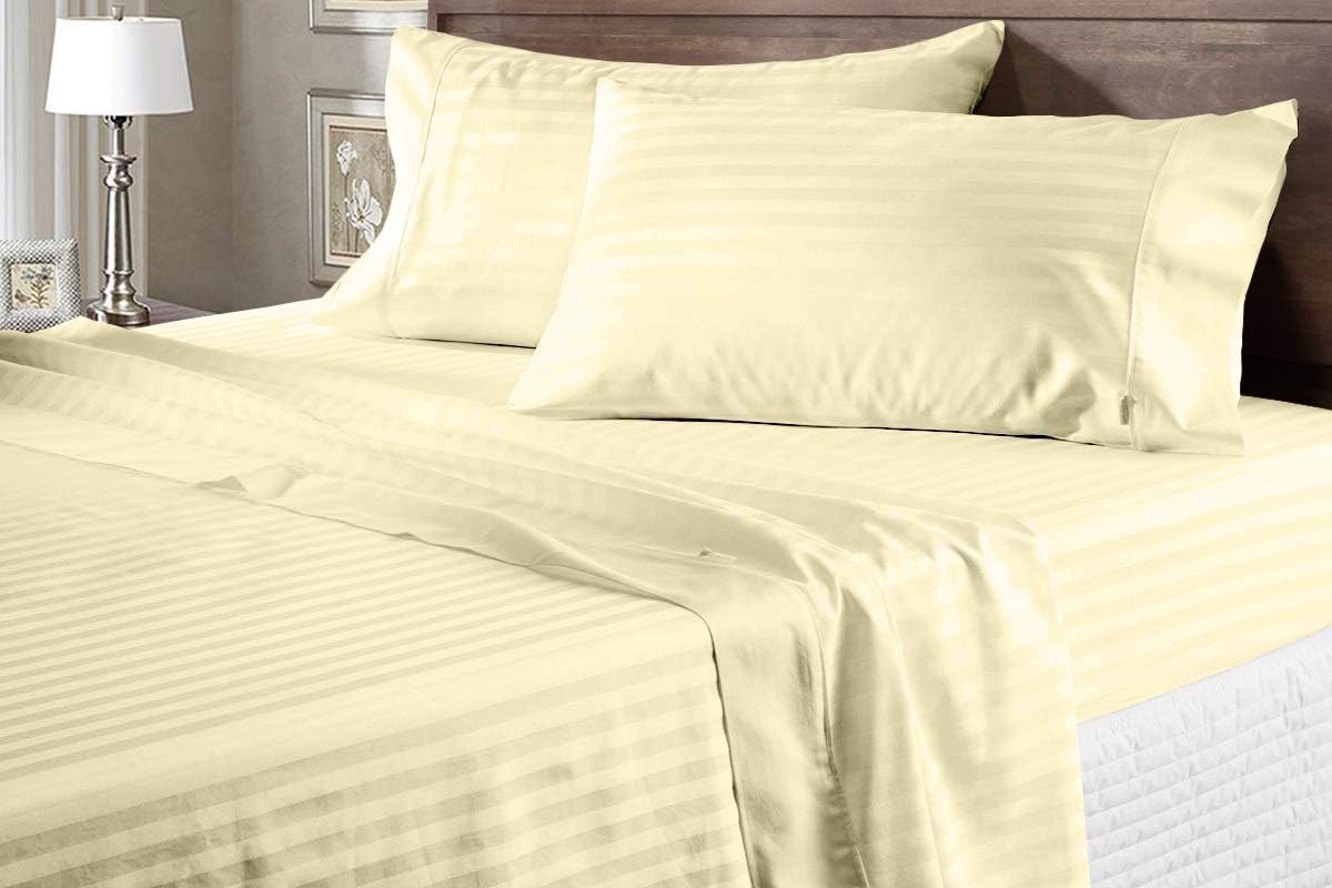 AMAY Luxury Soft 100% Egyptian Cotton 6pc Sheet Set Sateen Weave 800 TC Queen Size for Bed, Fits Mattress Upto 16-18'' Deep Pocket, Ivory Stripe