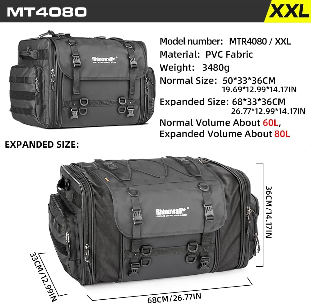 Rhinowalk Motorcycle Tail Bag, Expandable Motorcycle Travel Luggage Bags 80L, Waterproof All-Weather Trunk Rack Bag with Sissy Bar Straps & Helmet Rain Cover-Black
