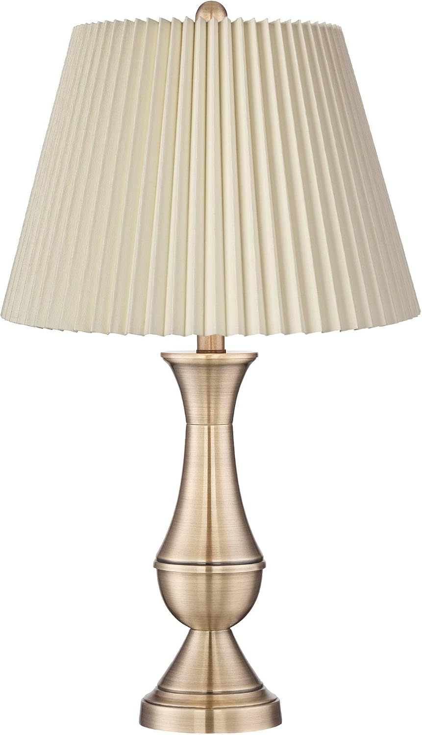 Regency Hill Becky Traditional Candlestick Table Lamps 24 3/4' Tall Set of 2 Antique Brass Gold Metal Ivory Linen Pleat Shade for Bedroom Living Room Bedside Nightstand House Home Office