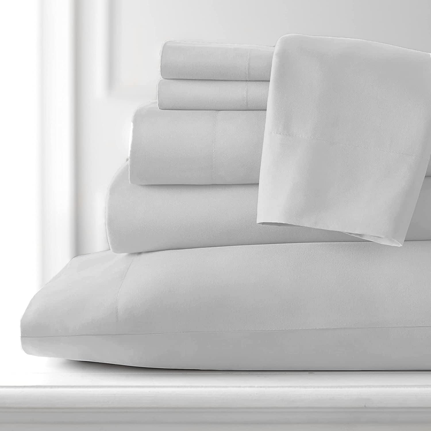 100% Giza Cotton, 1000 Thread Count, 6-PC Bed Sheet Set [Queen Size, Light Grey Color] 18 inches Deep Pockets, Long Staple Cotton Breathable Soft Silky Sateen Weave