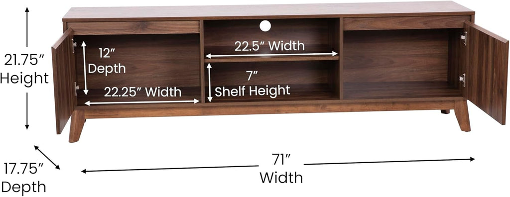 Flash Furniture Hatfield Mid-Century Modern TV Stand For 65+ Inch TV's - Walnut Laminate Finish - 70 Inch Media Center - Adjustable Center Shelf - Soft Close Doors