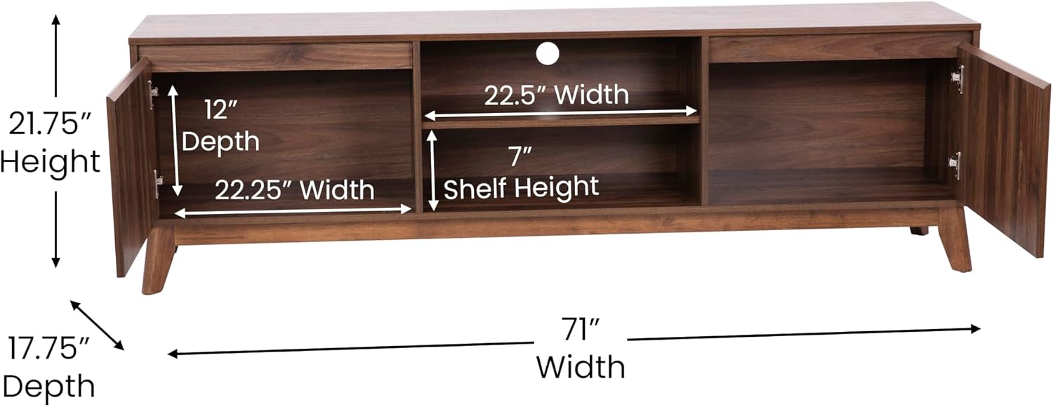 Flash Furniture Hatfield Mid-Century Modern TV Stand For 65+ Inch TV's - Walnut Laminate Finish - 70 Inch Media Center - Adjustable Center Shelf - Soft Close Doors