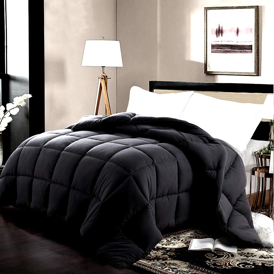 Soft 1000 TC Goose Down Alternative Egyptian Cotton Comforter Set (Comforter + 2 Pillow Cases) 400 GSM Over-Size Queen Black 98'' x 98''
