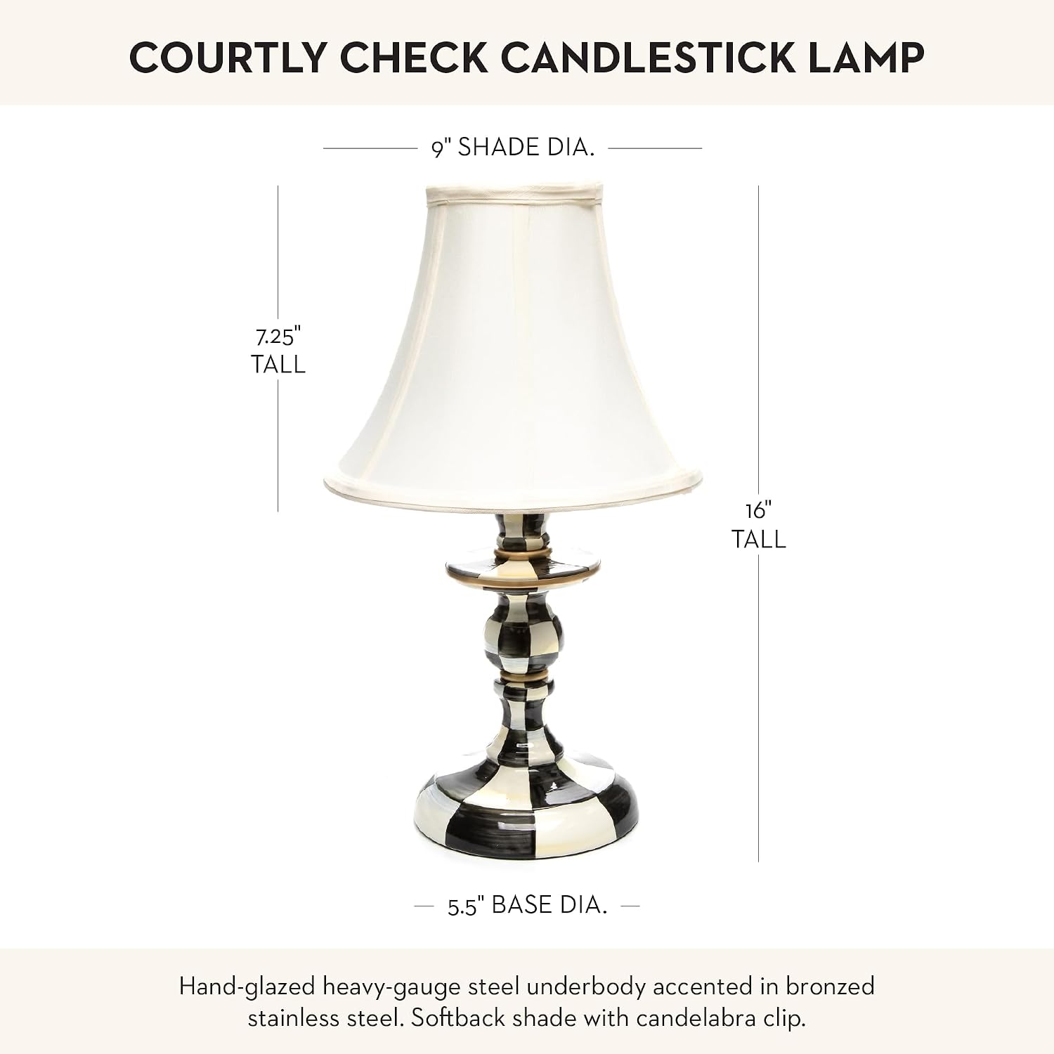 MACKENZIE-CHILDS Candlestick Lamp, Decorative Lamp for Living Room or Bedroom, Black-and-White Courtly Check