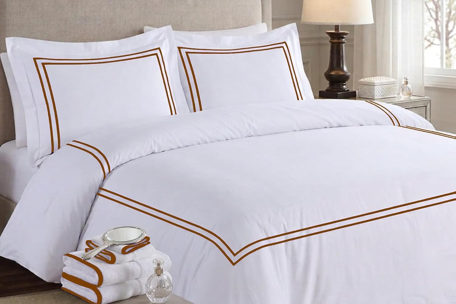 BedDecor Luxury 400-TC Egyptian Cotton 5PC Embroidered Duvet Cover Set with Beautiful 2-Stripe Embroidery(Chocolate, Full/Queen)