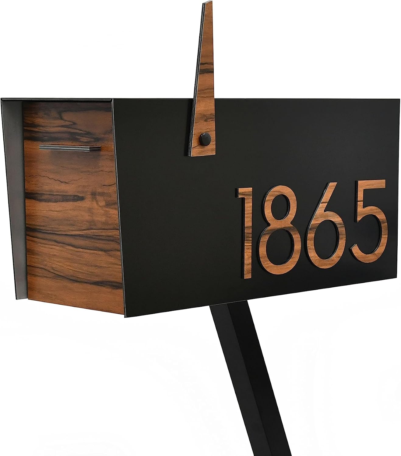 Contemporary Post-Mount Mailbox - Aluminum Black Body with Aluminum Door, Numbers and Flag - Large Customized Mailbox - Type 4 (Acacia Wood)
