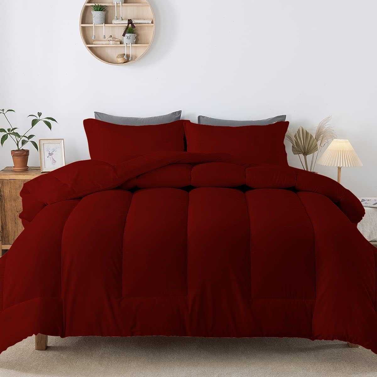 5 PC Straight Line Pattern Comforter Set Premium Super Soft 600 GSM All Season | 1000 Thread Count | 100% Egyptian Cotton ( Full/Queen Size, Burgundy Color)