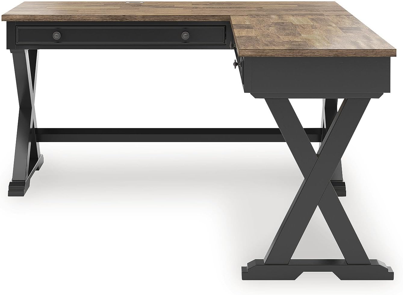 Signature Design by Ashley Wildenauer Casual 3-Drawer Home Office Desk and Return with Drop-Down Keyboard Tray and Cord Management, L-Shaped Desk, Wood, Mango Wood Veneer, Light Brown & Black