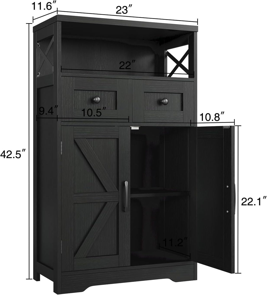Befrases Set of 2 Black Storage Cabinet with Drawers and Shelves, Freestanding Black Kitchen Pantry, Floor Storage Cabinet Hutch Cupboard for Dining, Living Room, Home Office