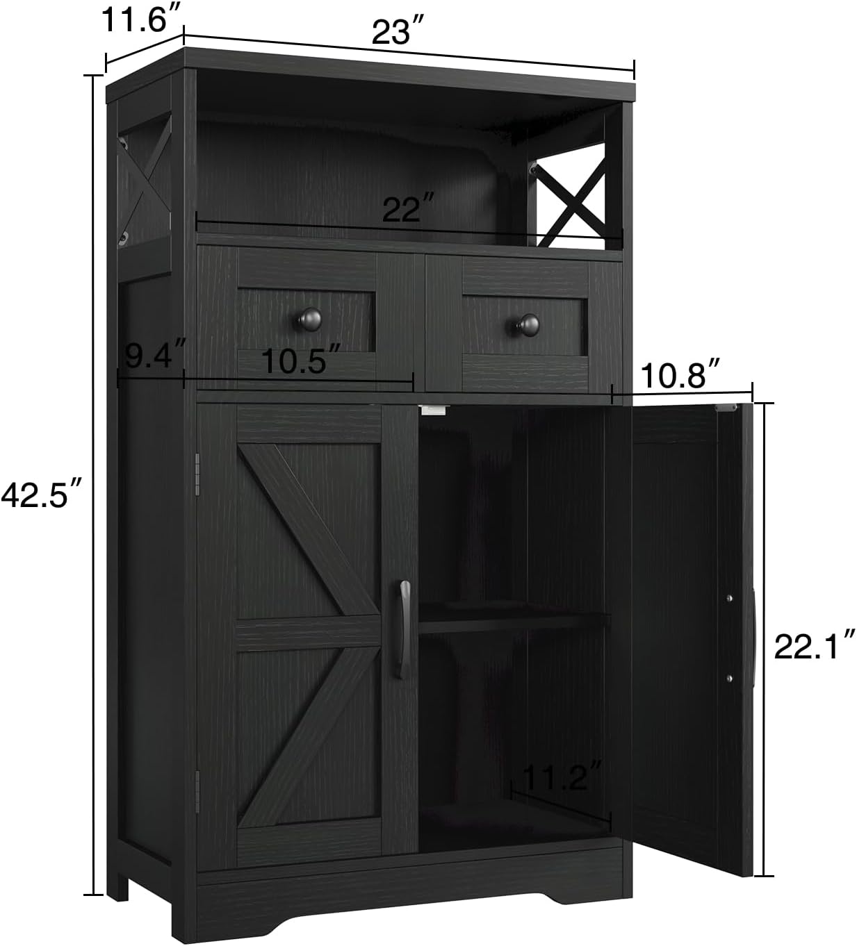 Befrases Set of 2 Black Storage Cabinet with Drawers and Shelves, Freestanding Black Kitchen Pantry, Floor Storage Cabinet Hutch Cupboard for Dining, Living Room, Home Office