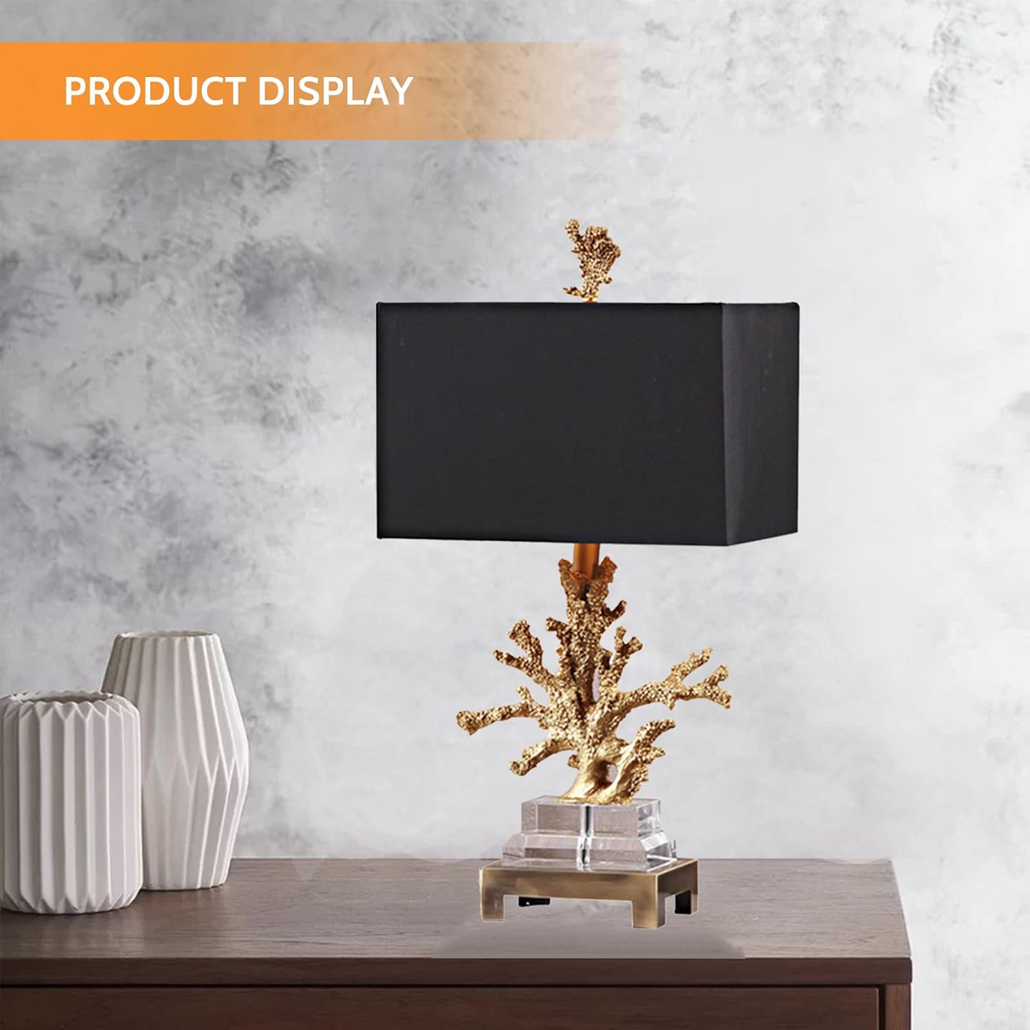 PURESILKS 27' Crystal Table Lamp,Gold Coral Design and Rectangular Fabric Shade,Nordic Style LED Desk Lamp Modern Bedside Table Lamp for Bedroom,Living Room, Office