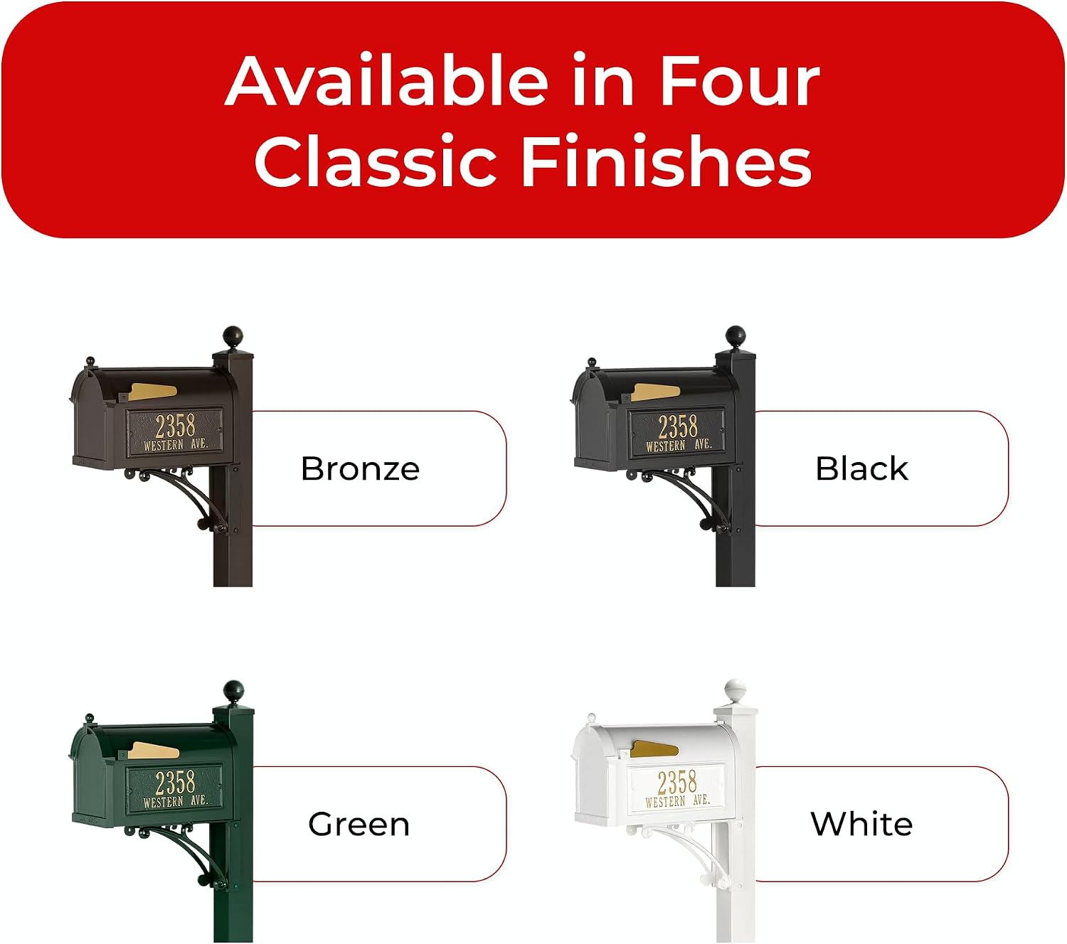 Custom Address Mailbox with Post in White Whitehall Deluxe Streetside Mailbox Personalized Plaques Weather-Resistant Cast Aluminum Design