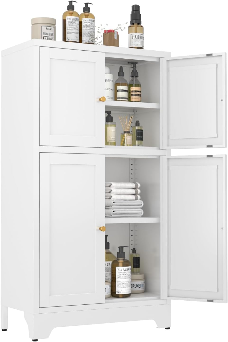 Metal Bathroom Storage Cabinet, Freestanding Pantry Floor Cabinet with 4 Doors and 2 Adjustable Shelves for Living Room, Dining Room, Kitchen