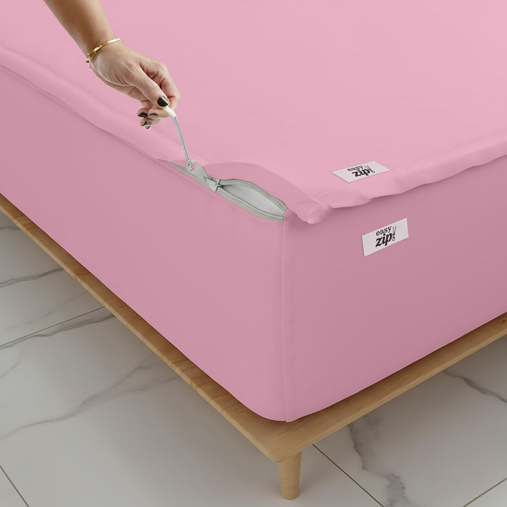 COTTON STICH 600 TC Zipper Fitted Sheet, 100% Egyptian Cotton, 18' Deep Pocket, Easy Zip Change, All-Around Secure Fit - Queen Size Bed - Baby Pink