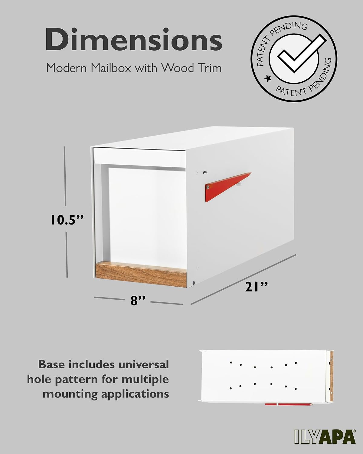 Ilyapa Modern Mailbox Post Mount Mailboxes for Outside - 21x8x10 White Powder Coated Metal Mailbox with Printed Ash Wood Grain Trim - Waterproof for Parcels, Magnetic Close Door
