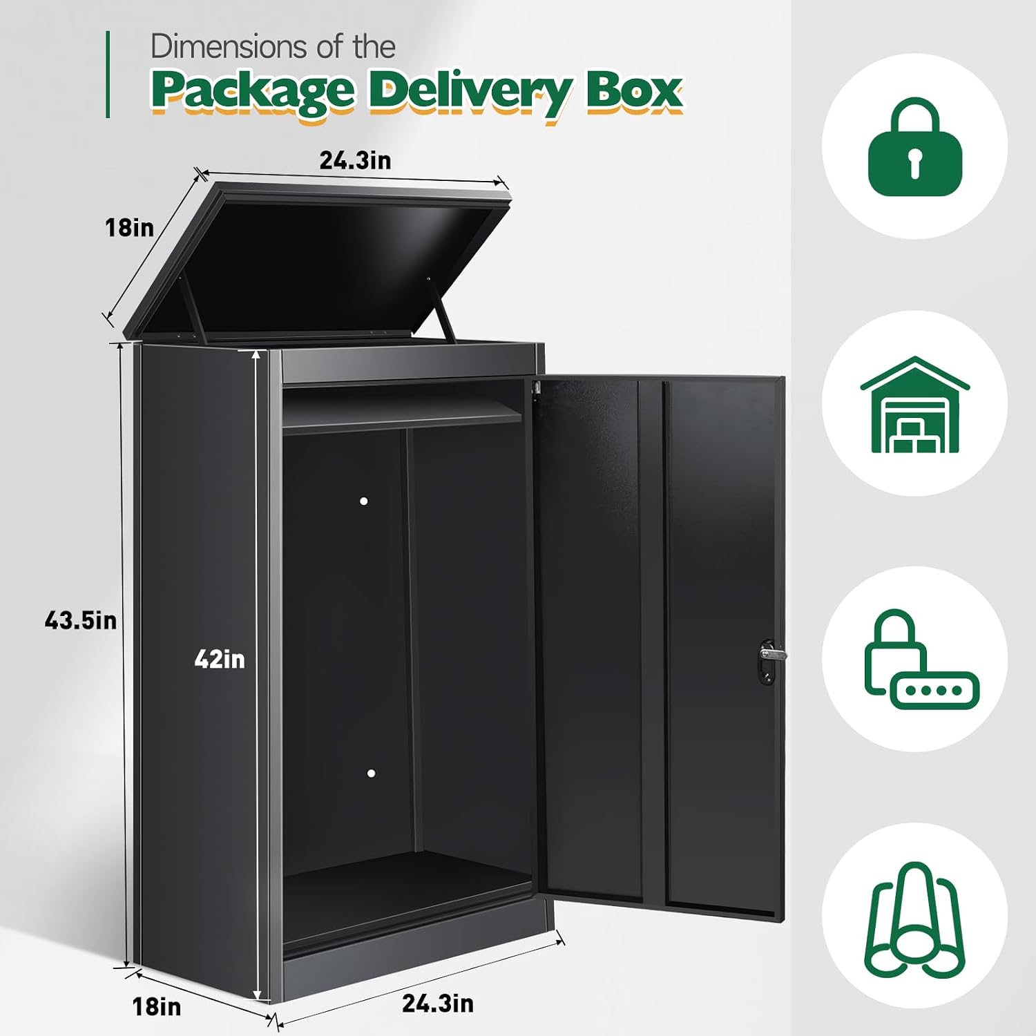 43.5' Package Delivery Box for Outside - Lockable Black Metal Parcel Drop Box, Anti-Theft, IPX4 Waterproof, Weather-Resistant Mailbox for Porch, Fence, Curbside (XL)