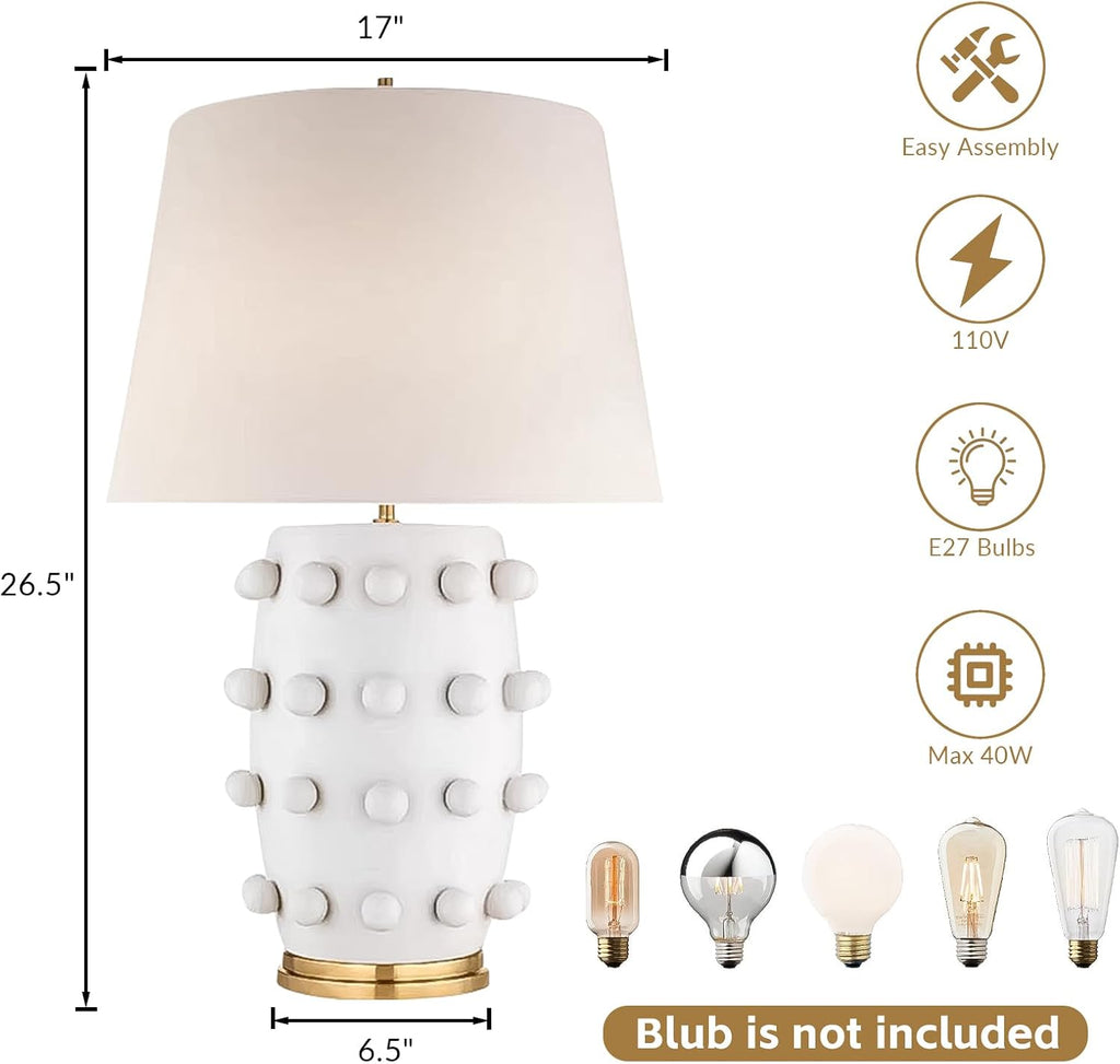 White Ball Farmhouse Ceramic Table Lamp Classic Nightstand Large Linden Lamp with Fabric Shade in Flat White White Table Lamp for Living Room, Bedroom, Office, and Home