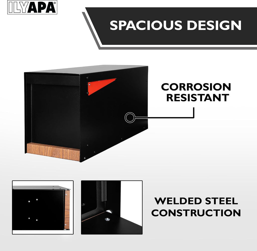 Ilyapa Black Modern Mailbox Post Mount - Mailboxes for Outside - Metal with Printed Ash Wood Grain Trim - Powder Coated Steel - All Weather Resistant