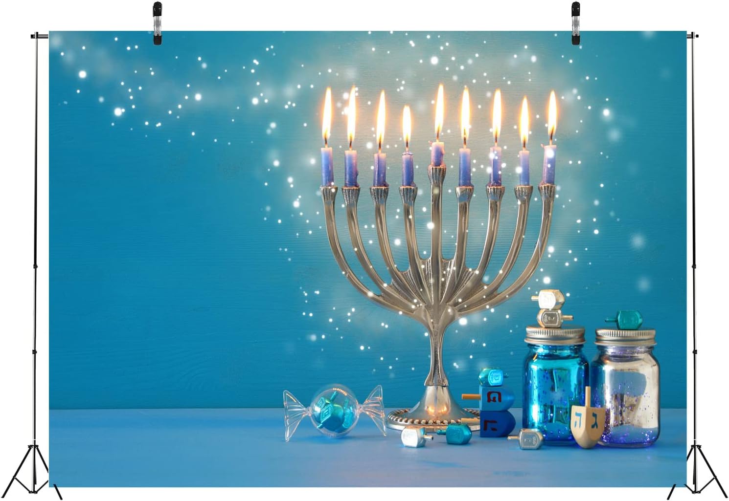 20x10ft Fabric Hanukkah Backdrop Jewish Holiday Traditional Candelabra and Candles Blue Glitter Background Happy Hanukkah Festival Day Jewish Decor Photo Booth Studio Props