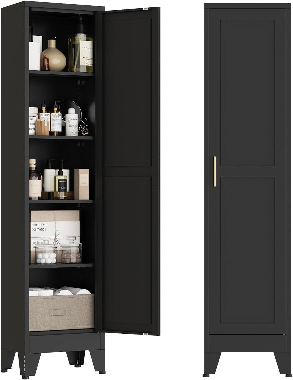 67' Tall Narrow Storage Cabinet, Metal Slim Bathroom Cabinet, Single Door Freestanding Floor Cabinets with 4 Adjustable Shelves for Laundry, Kitchen Pantry, Living Room (1PC, Black)
