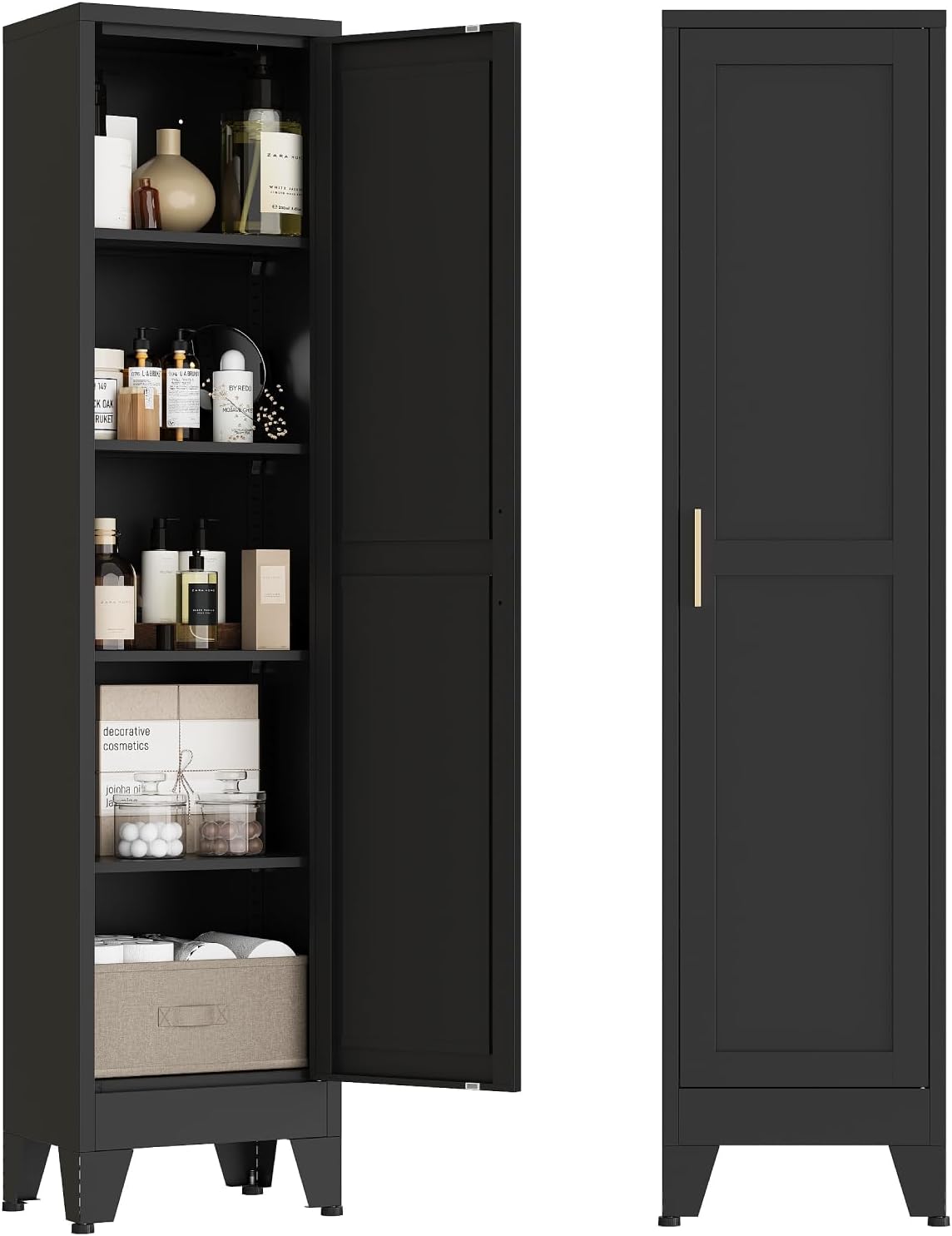 67' Tall Narrow Storage Cabinet, Metal Slim Bathroom Cabinet, Single Door Freestanding Floor Cabinets with 4 Adjustable Shelves for Laundry, Kitchen Pantry, Living Room (1PC, Black)
