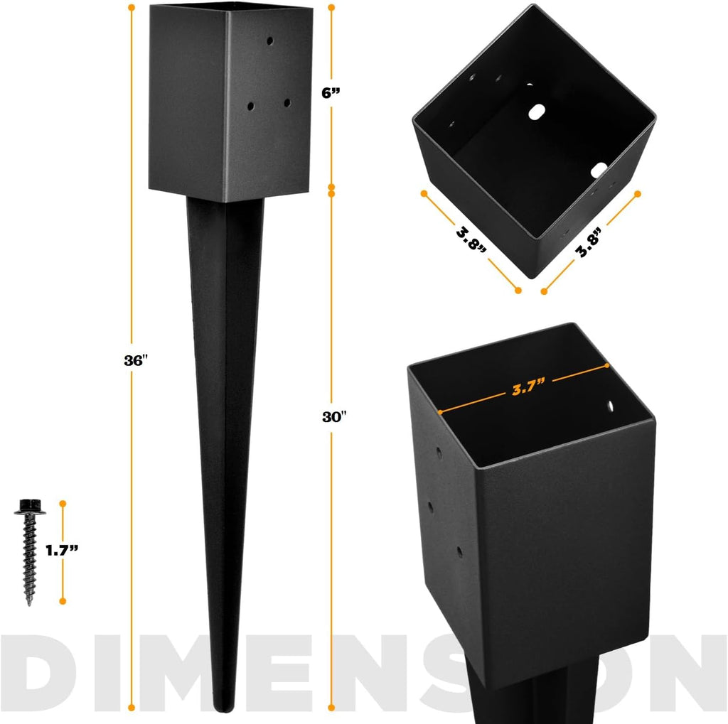 Fence Post Anchor 4''x4'', Heavy Duty Metal Fence Post Anchor Ground Spike 36''x4''x4'' for Fence, Mailbox, Bird feeder, Decking, Banner, with The Black Powder Coating Cover on The Surface (Set 8)