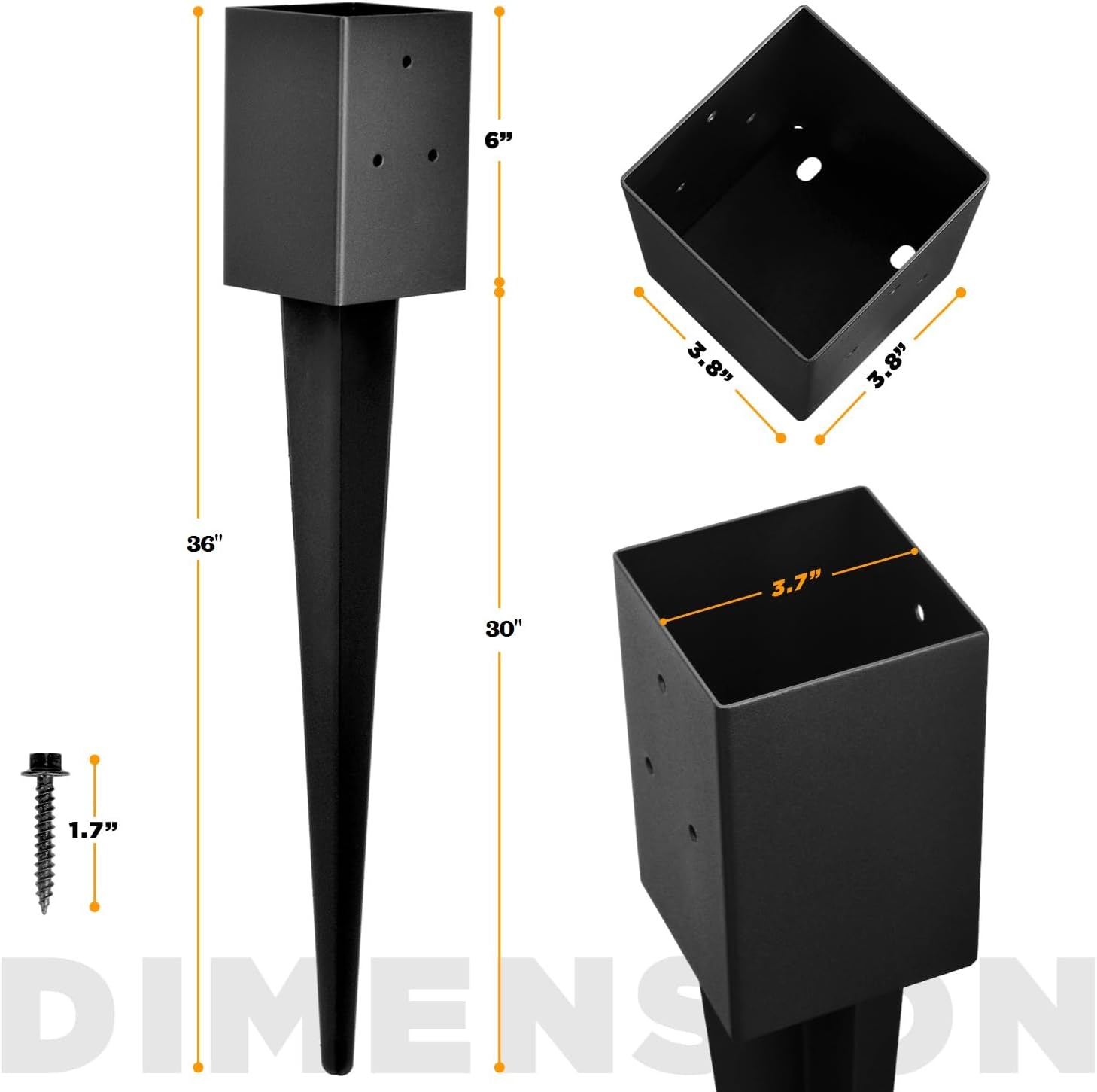 Fence Post Anchor 4''x4'', Heavy Duty Metal Fence Post Anchor Ground Spike 36''x4''x4'' for Fence, Mailbox, Bird feeder, Decking, Banner, with The Black Powder Coating Cover on The Surface (Set 8)