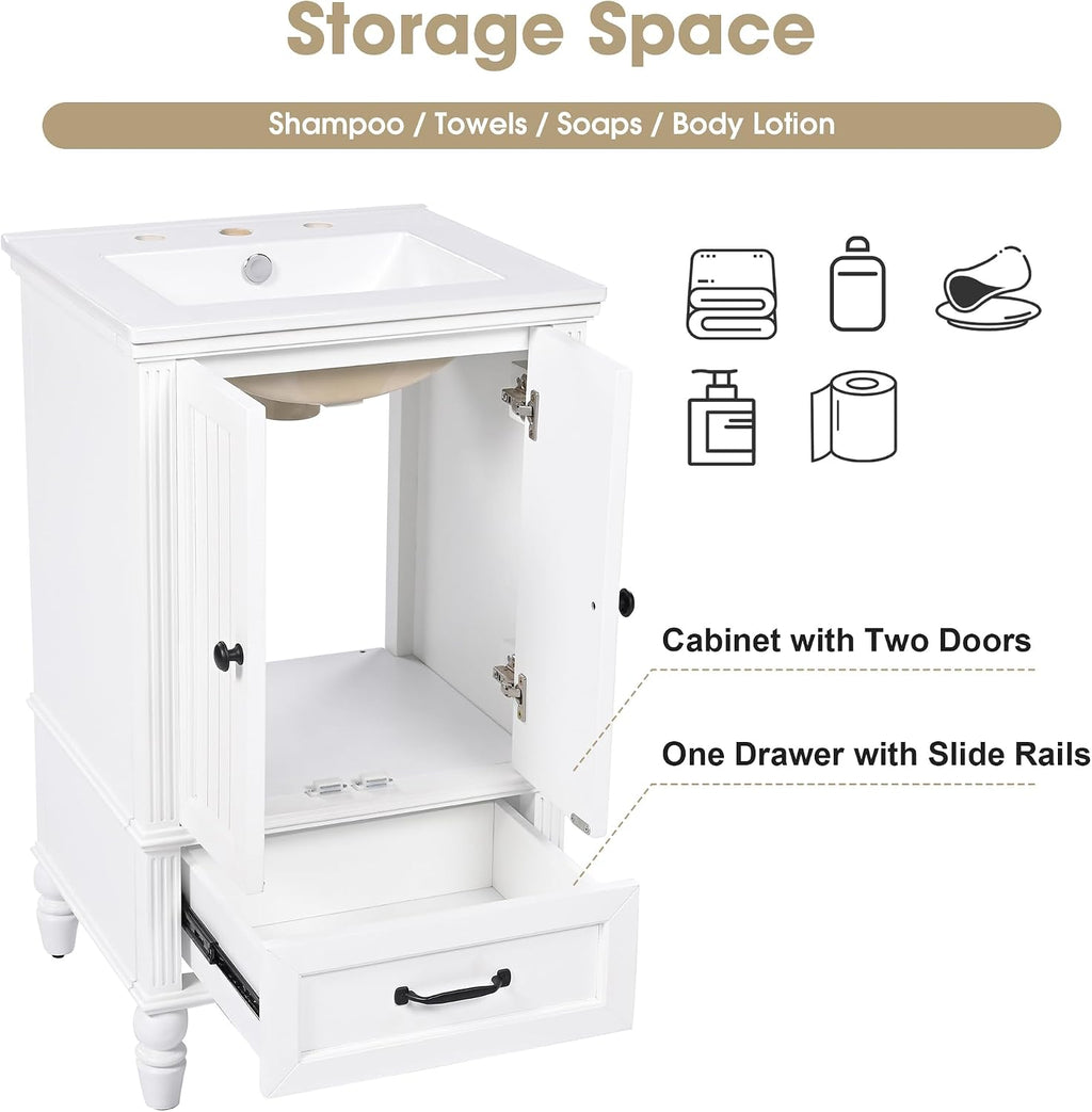 20' Bathroom Vanity With Sink Farmhouse MDF Fixture Stand Pedestal Bathroom Cabinet With Two Doors & A Drawer Magnetic Door Stopper Adiustable Foot Pads Freestanding Storage Cabinet For Bathroom White