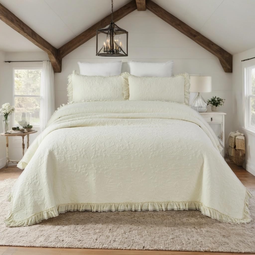 Brandream Cream Yellow White Quilt Set Queen Size Cotton Matelasse Bedding Luxury Ruffle Bedspread 3-Piece