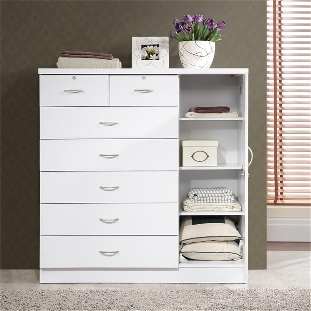 BOWERY HILL 7 Drawer Chest, White Wood, 48.6 in H x 47.2 in W x 17.6 in D, 2 Locking Drawers and Door with Shelves, Hanging Rod, Adjustable Shelves, Bedroom Storage Furniture