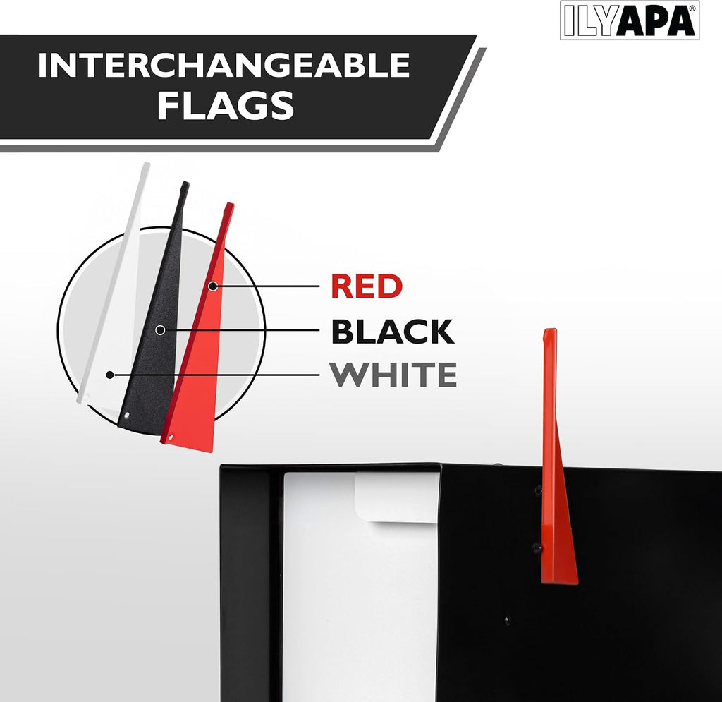 Ilyapa Modern Design Mailbox, Black & White Powder Coated, Tab Pull Handle, Durable and Corrosion Resistant, Stainless Steel Hinges & Magnetic Door