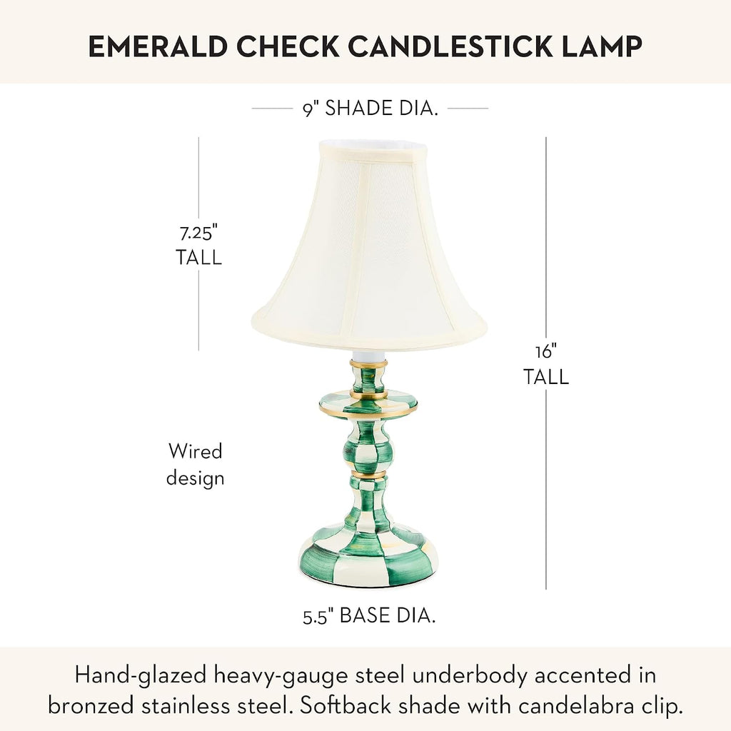 MACKENZIE-CHILDS Candlestick Lamp, Decorative Living Room and Bedroom Lamp, Green-and-White Emerald Check