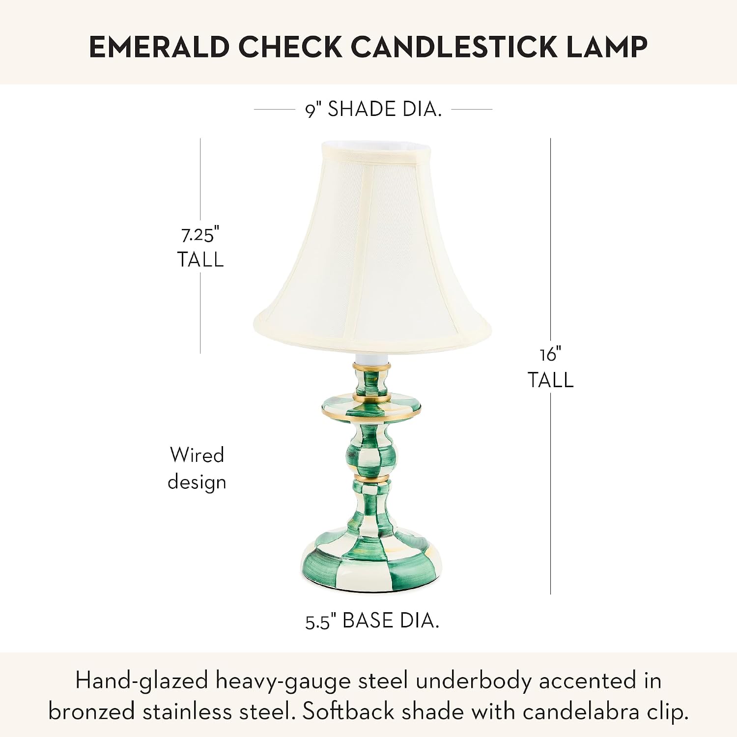 MACKENZIE-CHILDS Candlestick Lamp, Decorative Living Room and Bedroom Lamp, Green-and-White Emerald Check