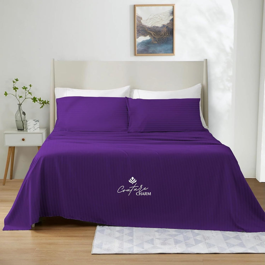 Queen Size 1000 Thread Count 100% Egyptian Cotton Sheet Set, 4-Piece, Sateen Weave, with 10-12' Deep Pocket Snug Fit (Stripe, Purple)