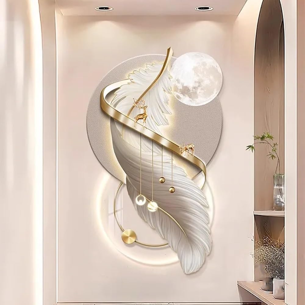 Feather Wall Decor, 3D Wall Painting with Light, Plug-in Power Supply 3D Wall Art Decor with Led Lights, Art for Walls for Living Room Entrance Corridor(B,72x120cm/28.3x47.2in)