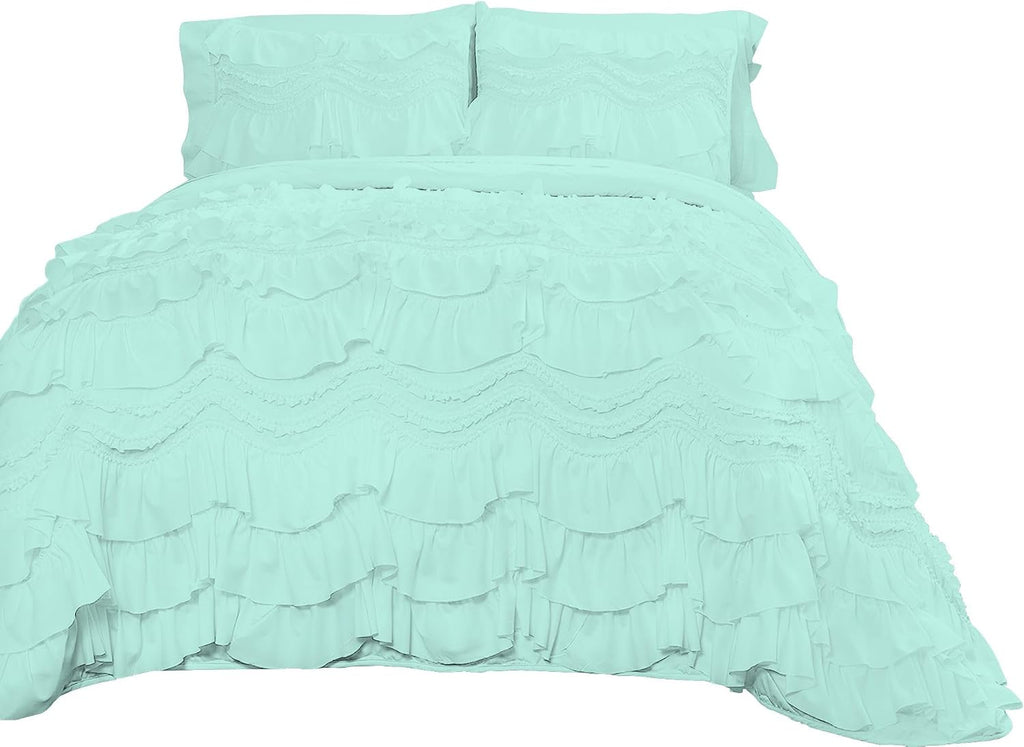 100% Egyptian Cotton, 550 GSM Microfiber Filled Quilt Ruffled Textured 3 Piece Full/Queen Size Comforter Set, Aqua Blue