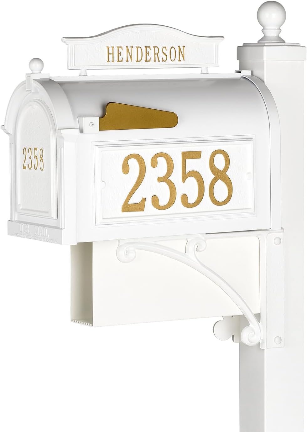 Whitehall Ultimate Mailbox Package, Personalized Large Mailbox with Post and Address Plaque for Outside - White/Gold